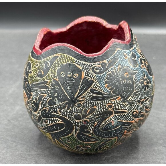 Hand Carved Colorful Gourd Bowl Folk Art Birds Decorative Signed - Picture 4 of 9